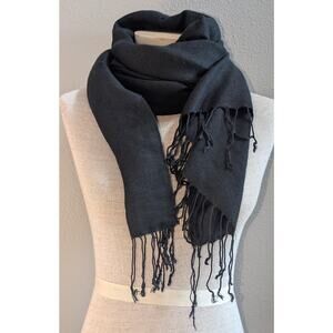 Silk Blend Large Versatile Pashmina Wool Scarf Wrap Fringed Black 26 X 70 inch